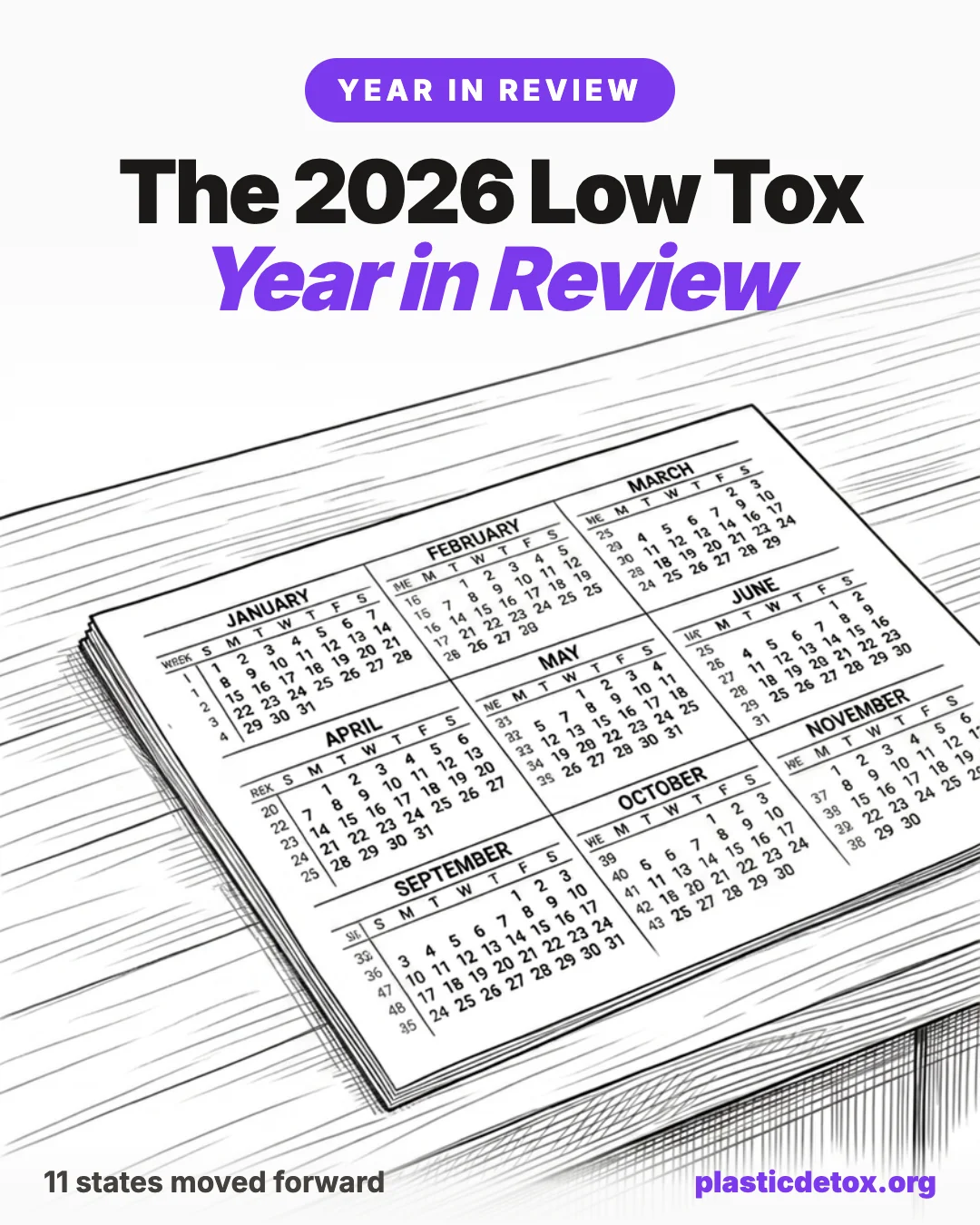 The 2026 Low Tox Year in Review article hero, with a pencil sketch of a 2026 wall calendar on a wooden table