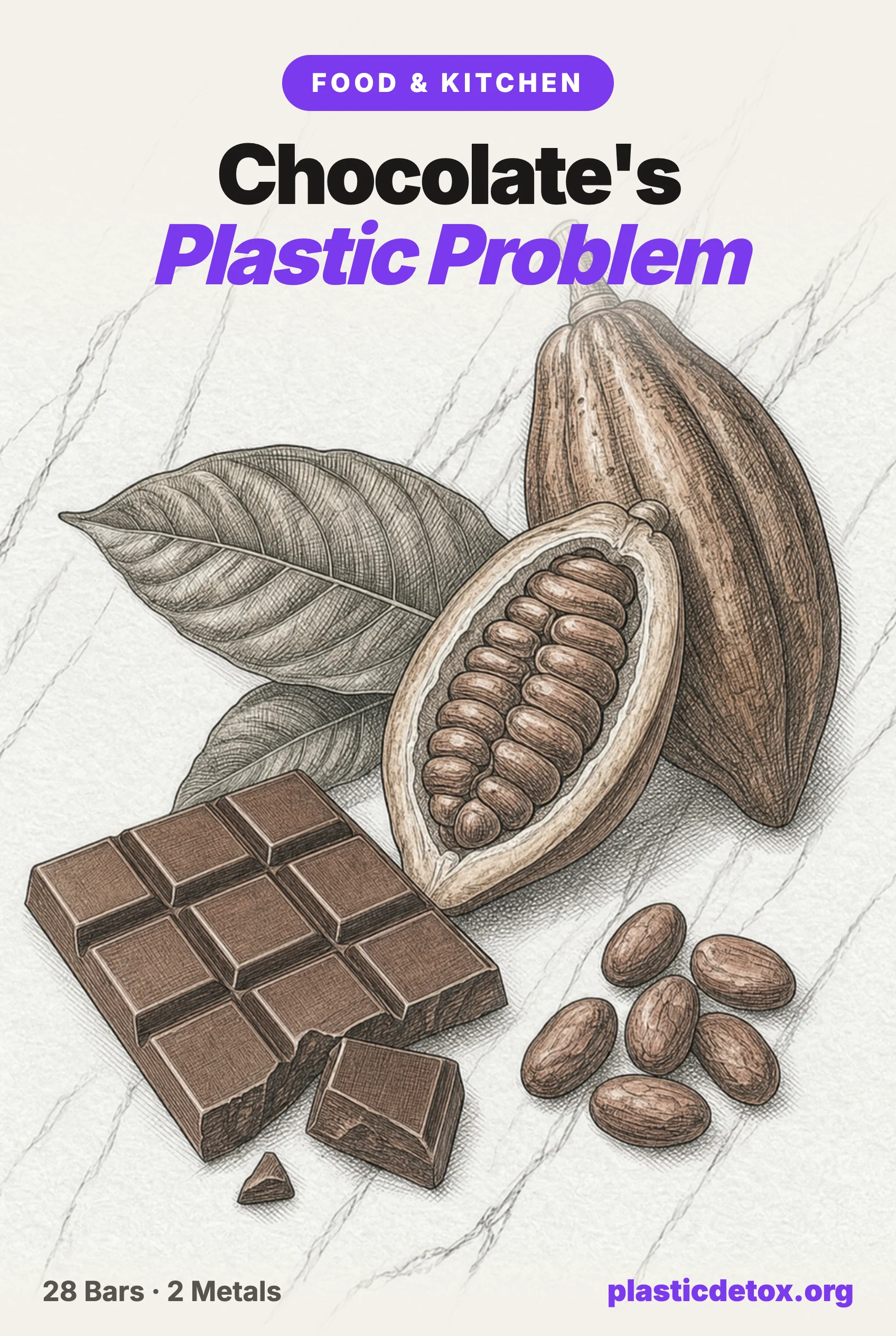 Pencil illustration of chocolate bars and a cacao pod with the headline chocolate's plastic problem