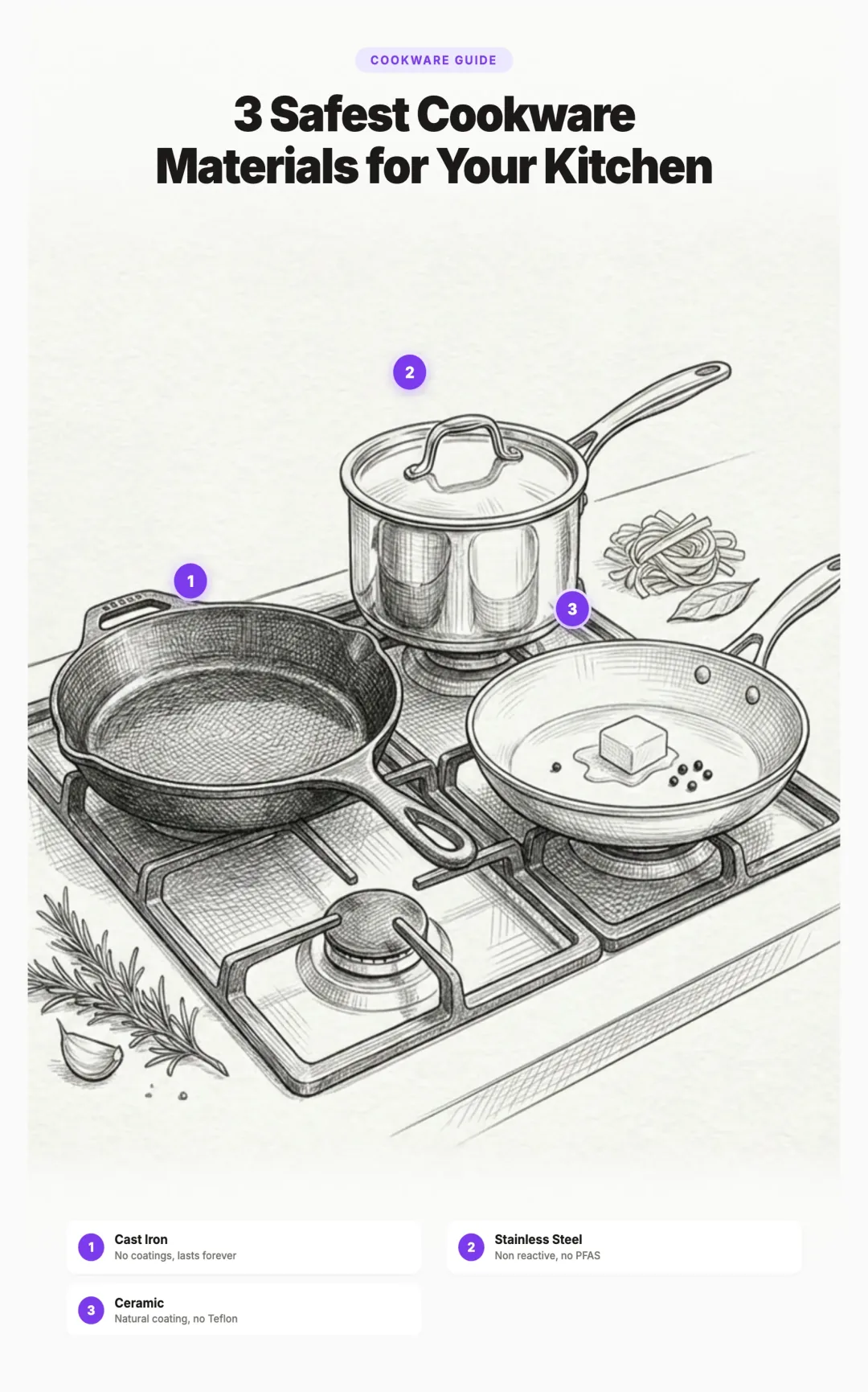 Illustration of 3 safest cookware materials: cast iron, stainless steel, and carbon steel cookware