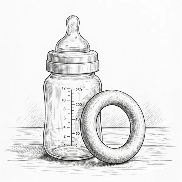 Pencil illustration of a glass baby bottle and teething ring representing the kids guide