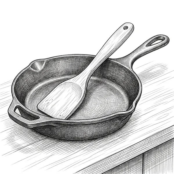 Pencil illustration of a cast iron skillet representing the non-toxic kitchen guide