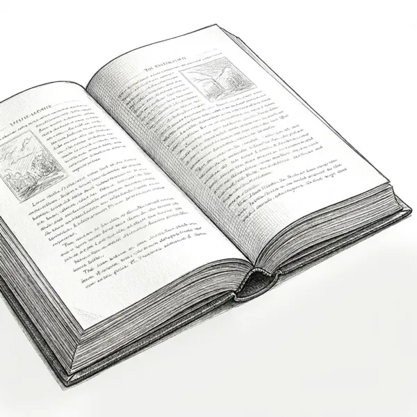Pencil illustration of an open book representing the news and research hub