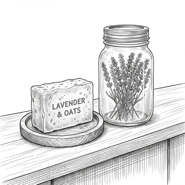 Pencil illustration of a soap bar and apothecary jar representing the bathroom guide