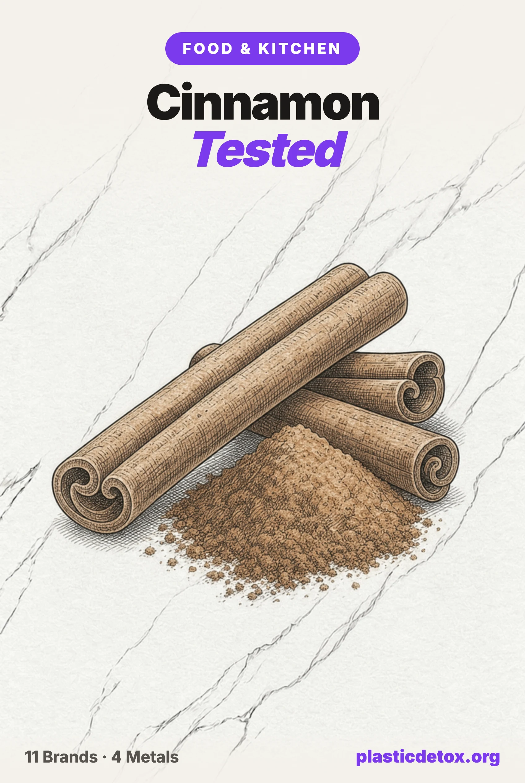 Pencil illustration of a cinnamon jar and cinnamon sticks with the headline cinnamon brands tested for lead and cadmium