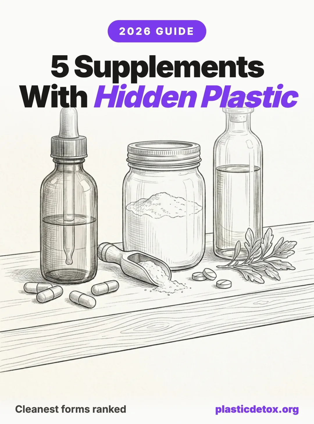 5 supplements with hidden plastic: pencil illustration of glass dropper bottle, glass jar of powder, and tall glass bottle with capsules and herbs