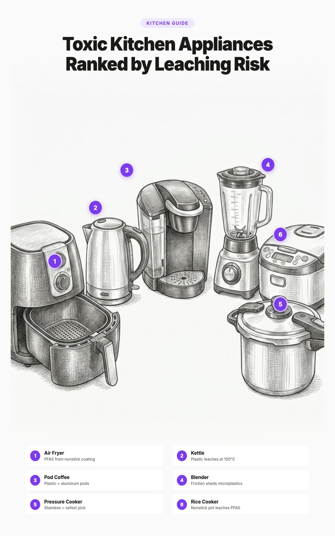 Illustration ranking kitchen appliances by toxicity from safest to most toxic