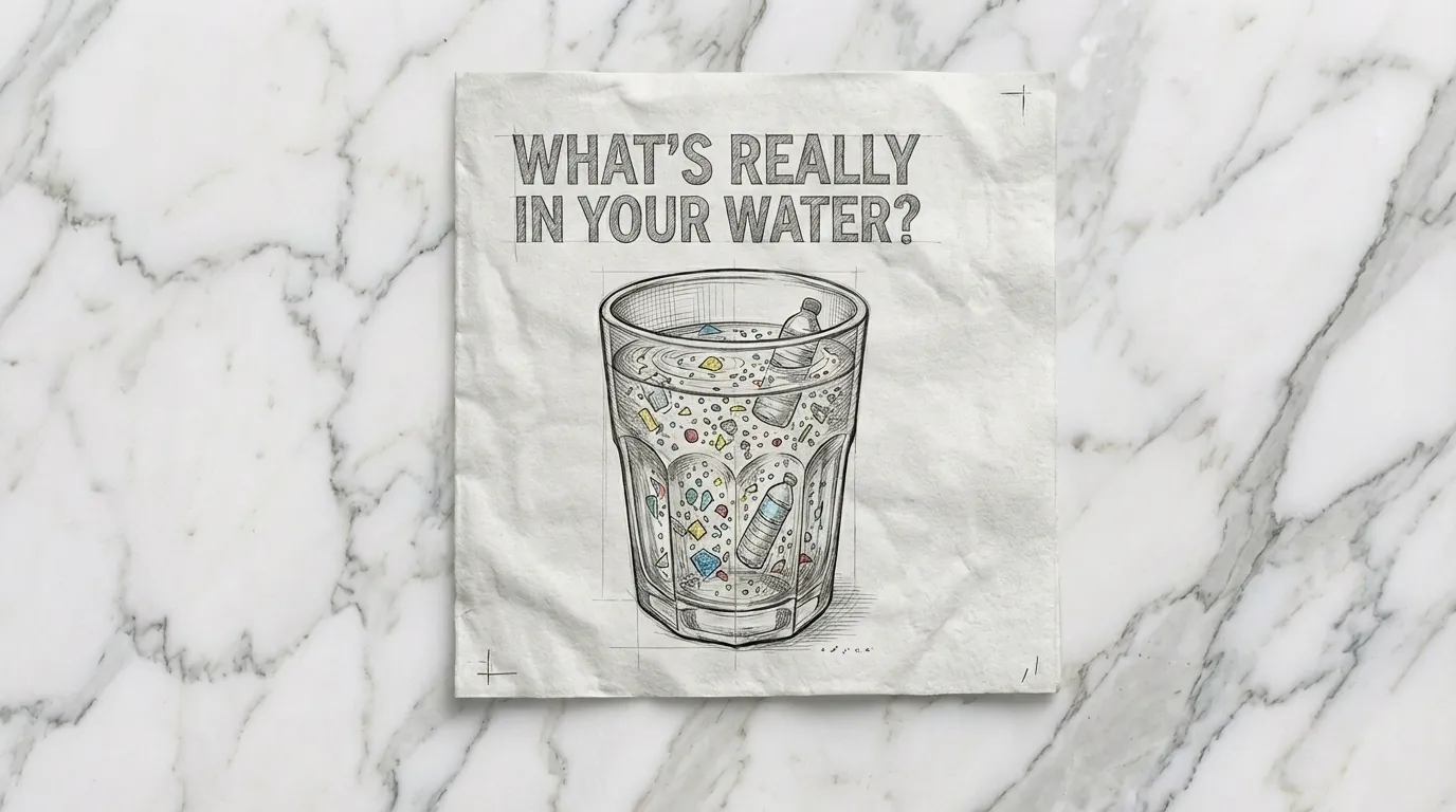 Illustration of a glass of water filled with microplastics, asking what is really in your water